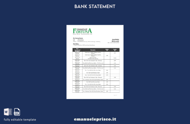 modello word di estratto conto bancario Lussemburgo Fortuna Banque in stile veri